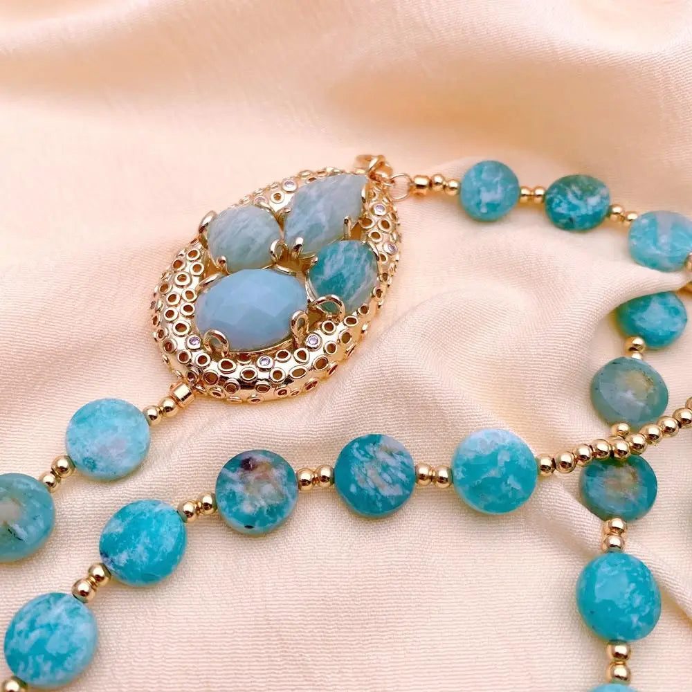 Natural Gemstone Long Necklace Green Amazonite White Keshi Pearl Resin Charm