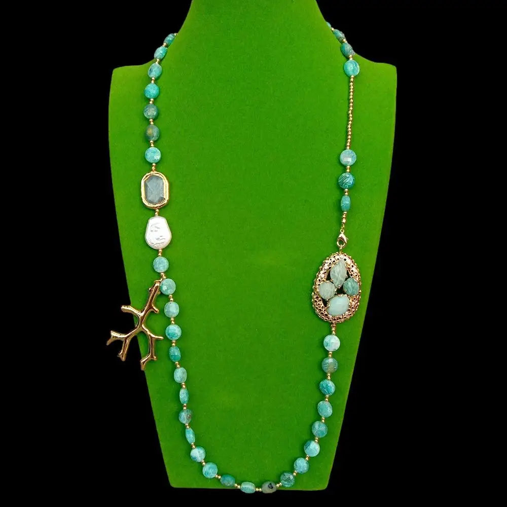 Natural Gemstone Long Necklace Green Amazonite White Keshi Pearl Resin Charm