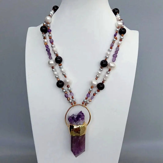 2 Rows Cultured White Pearl Amethyst Necklace Amethyst Point Druzy Pendant