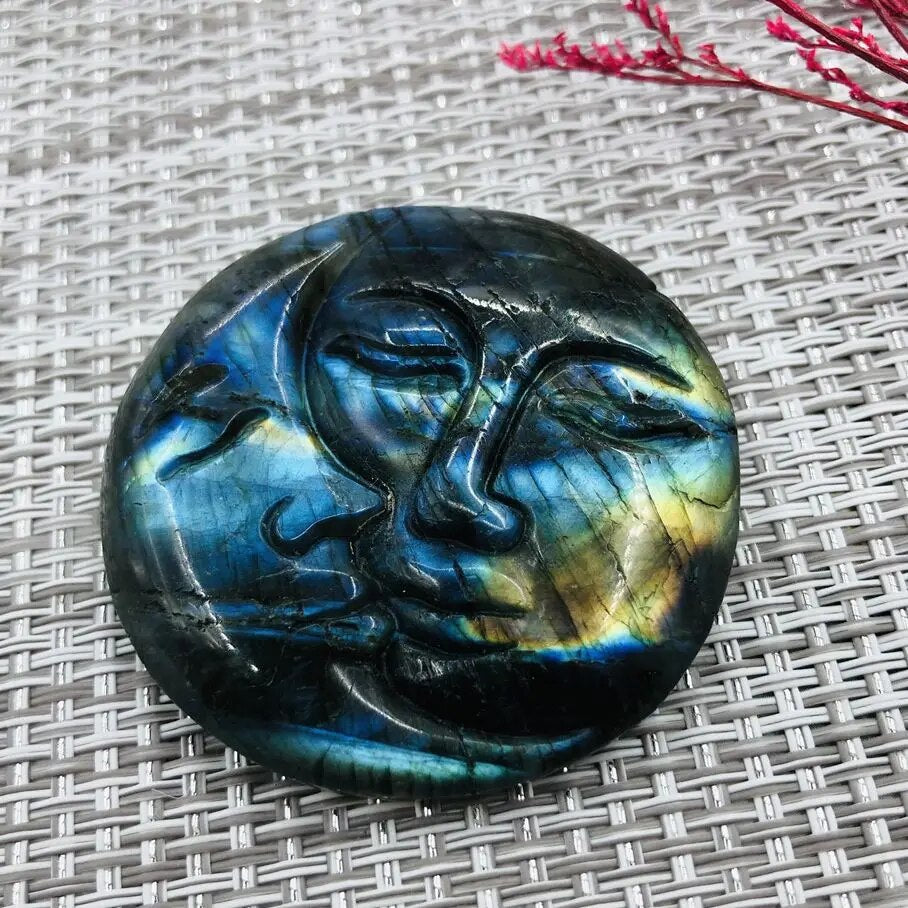 Natural Labradorite Carving Sun Moon Face Hand Carved Craft Ornaments Reiki Minerals Meditation Room Decoration Gifts