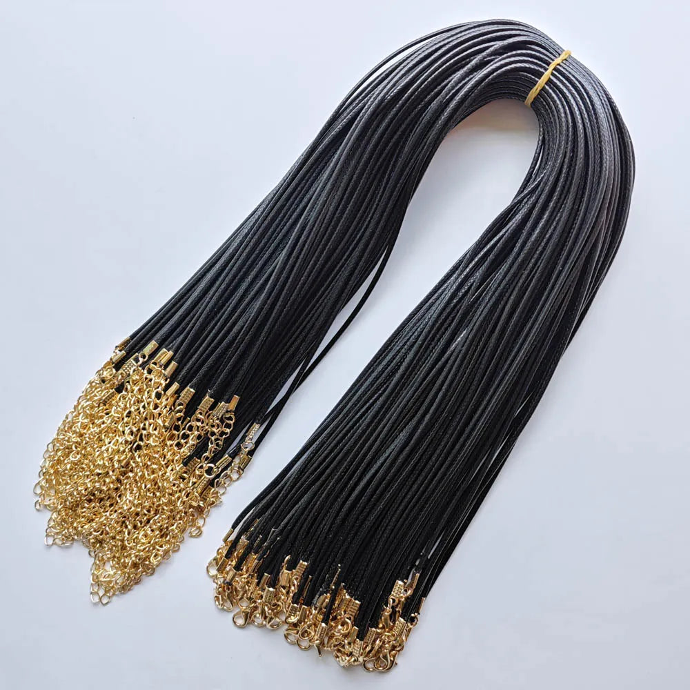 100pcs 1.5mm 2mm Black Wax Leather Cord AdjustableGold Chain 45+5cm Lobster Clasp Necklaces Jewelry Making