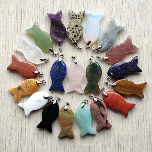 12pcs/lot natural stone mixed fish pendants diy jewelry Accessories making necklaces wholesale