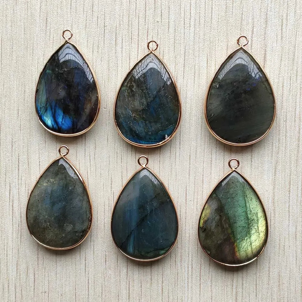 6pcs/Lot Natural Labradorite gold color side water drop shape Pendants for jewelry making