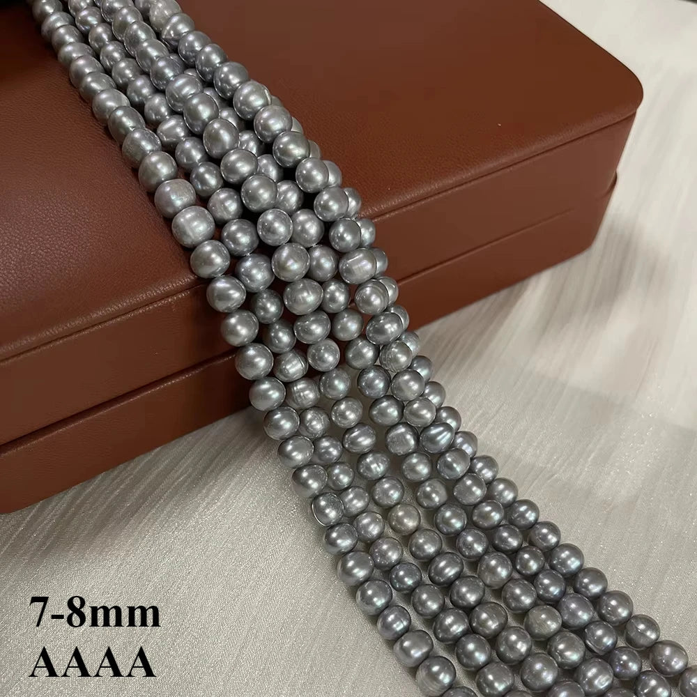 7-8mm Natural Freshwater Pearl Threaded Grey Oval Loose Bead pearls Strand