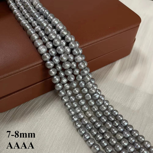 7-8mm Natural Freshwater Pearl Threaded Grey Oval Loose Bead pearls Strand