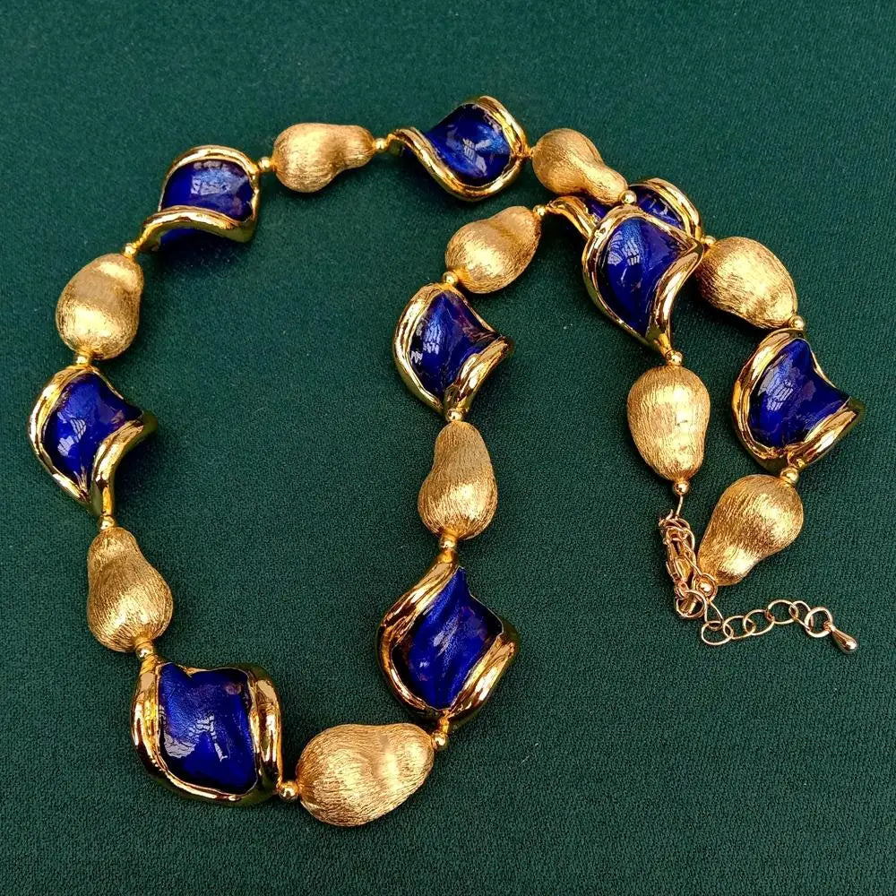 Blue Murano Glass Gold Plated Brushed Bead Necklace Collar Choker Necklace