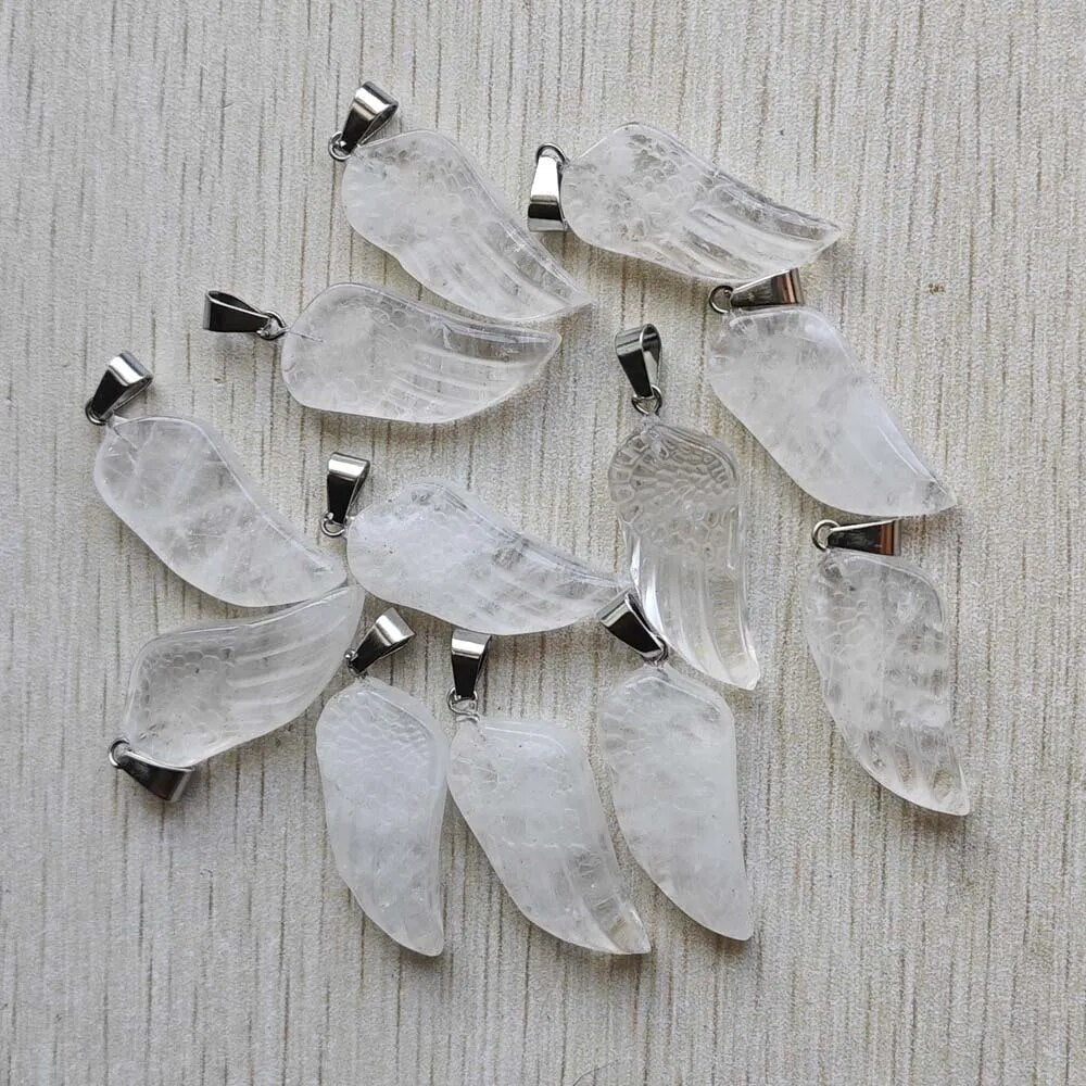 12pcs/lot natural white crystal rock quartz carved angel wings charms pendants for jewelry making