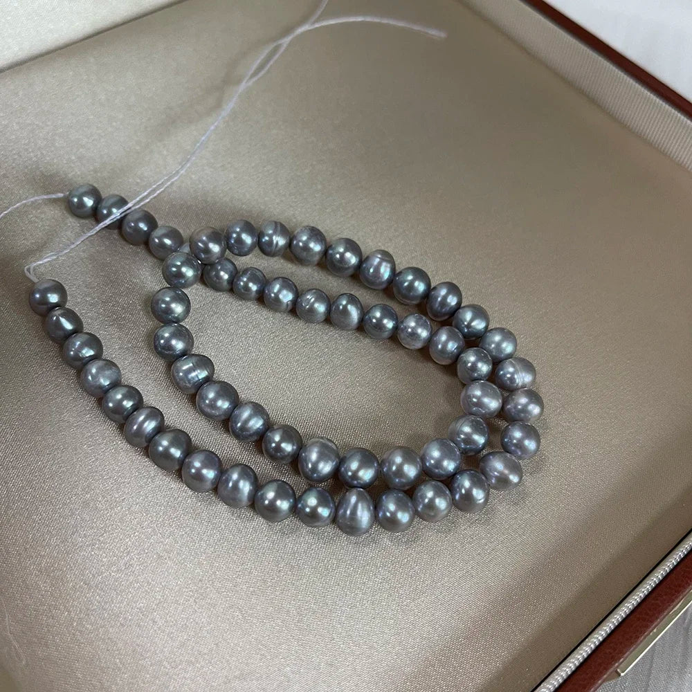 7-8mm Natural Freshwater Pearl Threaded Grey Oval Loose Bead pearls Strand