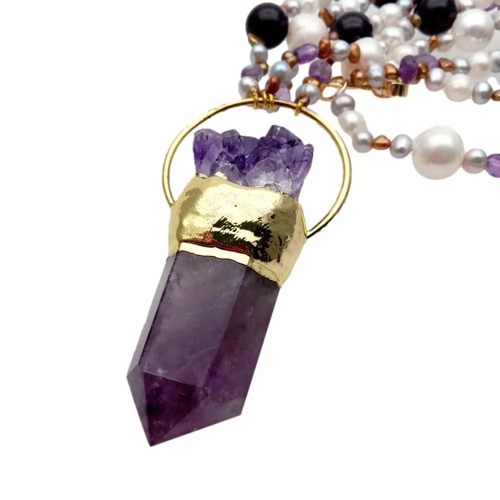 2 Rows Cultured White Pearl Amethyst Necklace Amethyst Point Druzy Pendant