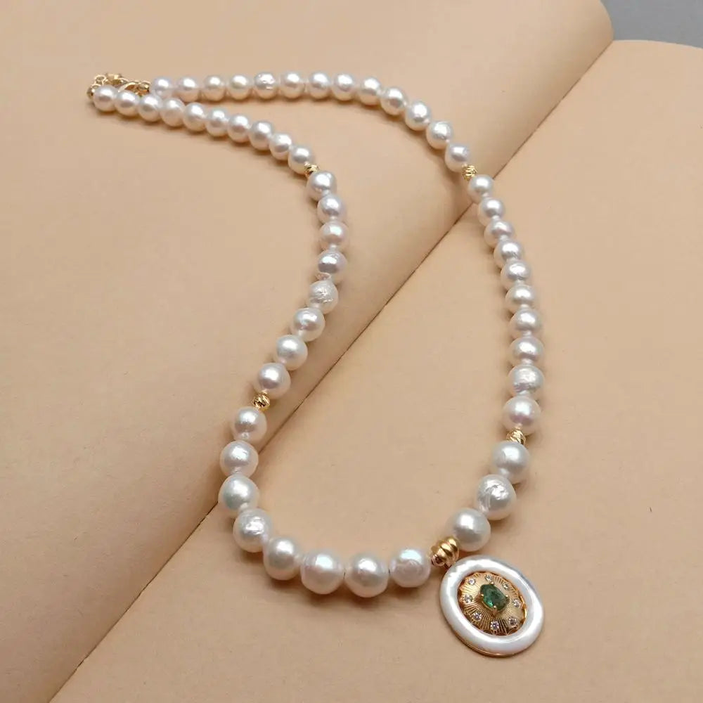 Cultured White Nucleated Pearl Choker Necklace White Sea Shell Peridot Pendant