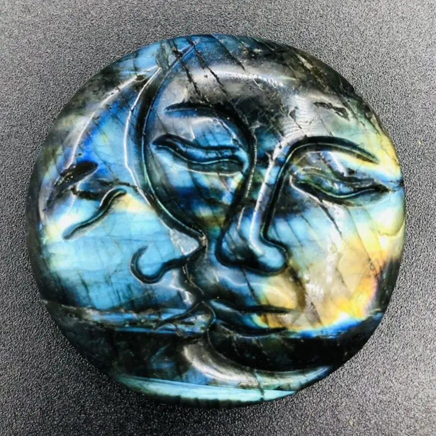 Natural Labradorite Carving Sun Moon Face Hand Carved Craft Ornaments Reiki Minerals Meditation Room Decoration Gifts