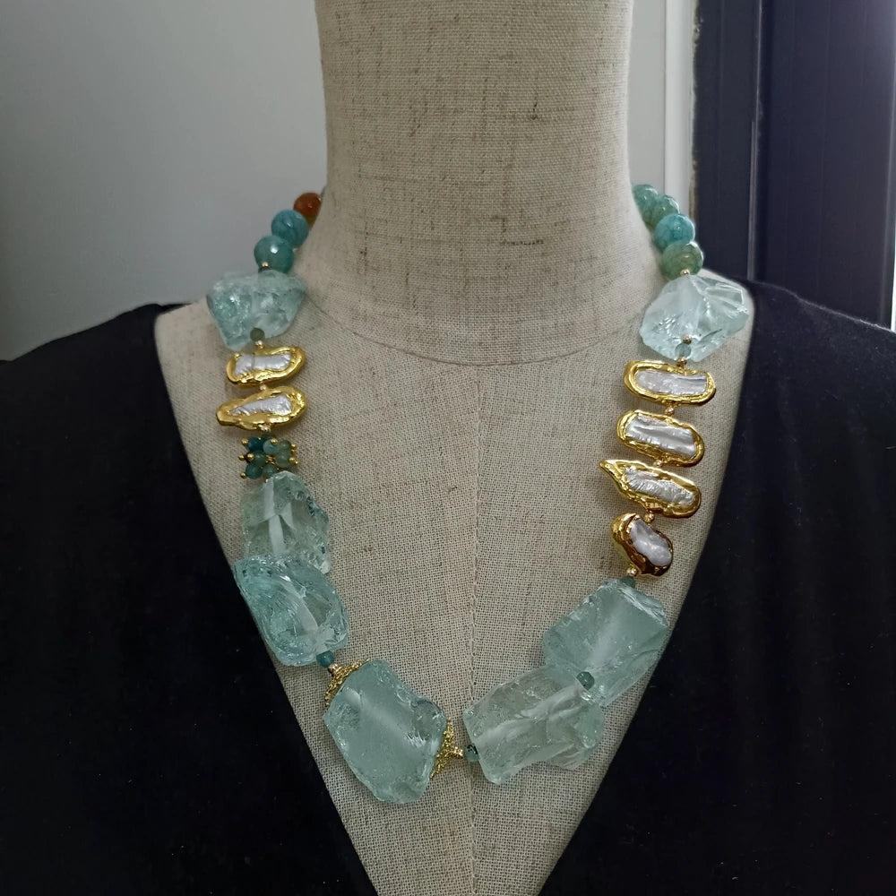 White Biwa Pearl Blue Quartz Rough Raw Chunk Necklace 21"