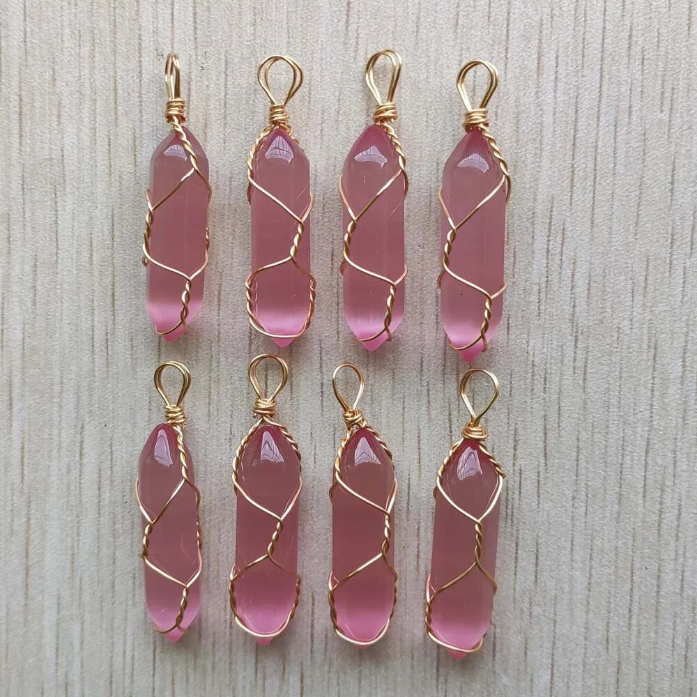 24pcs/lot cat eye stone pink handmade gold color wire pillar pendants for jewelry making