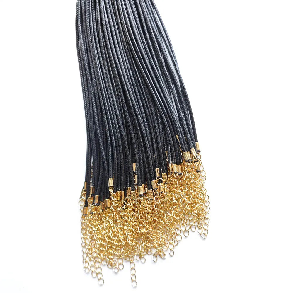 100pcs 1.5mm 2mm Black Wax Leather Cord AdjustableGold Chain 45+5cm Lobster Clasp Necklaces Jewelry Making