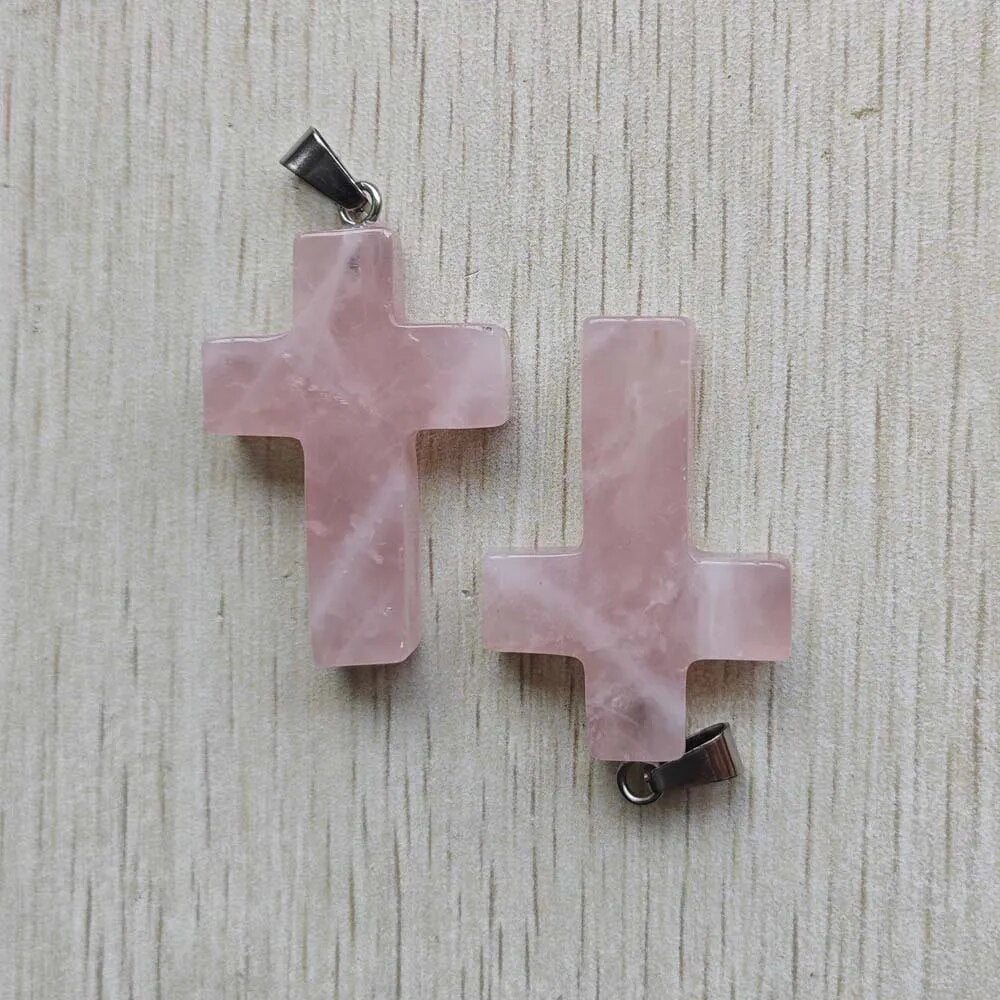 6pcs/lot Natural Rose Quartz Pink Cross shape pendants for jewelry accessories making wholesale