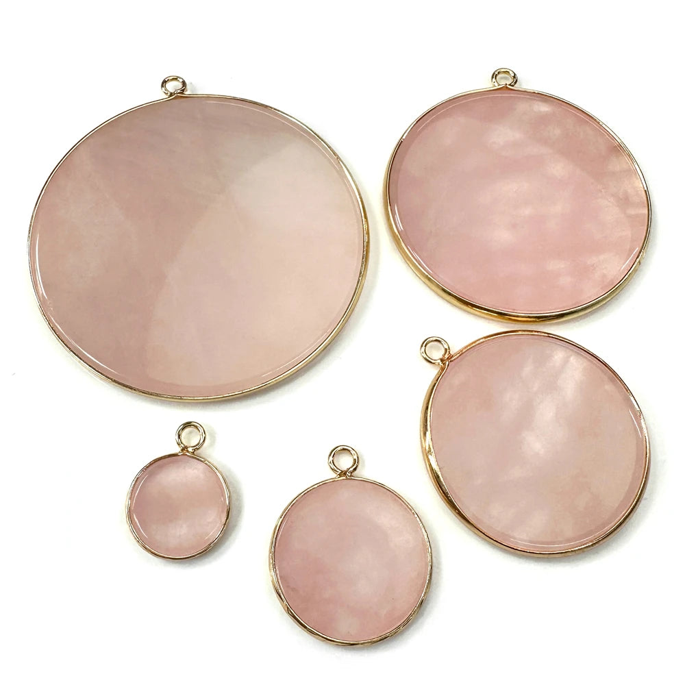 Rose Quartz Disk Round Flat Stone Reiki Healing Pendant Charm 18K Gold Plated