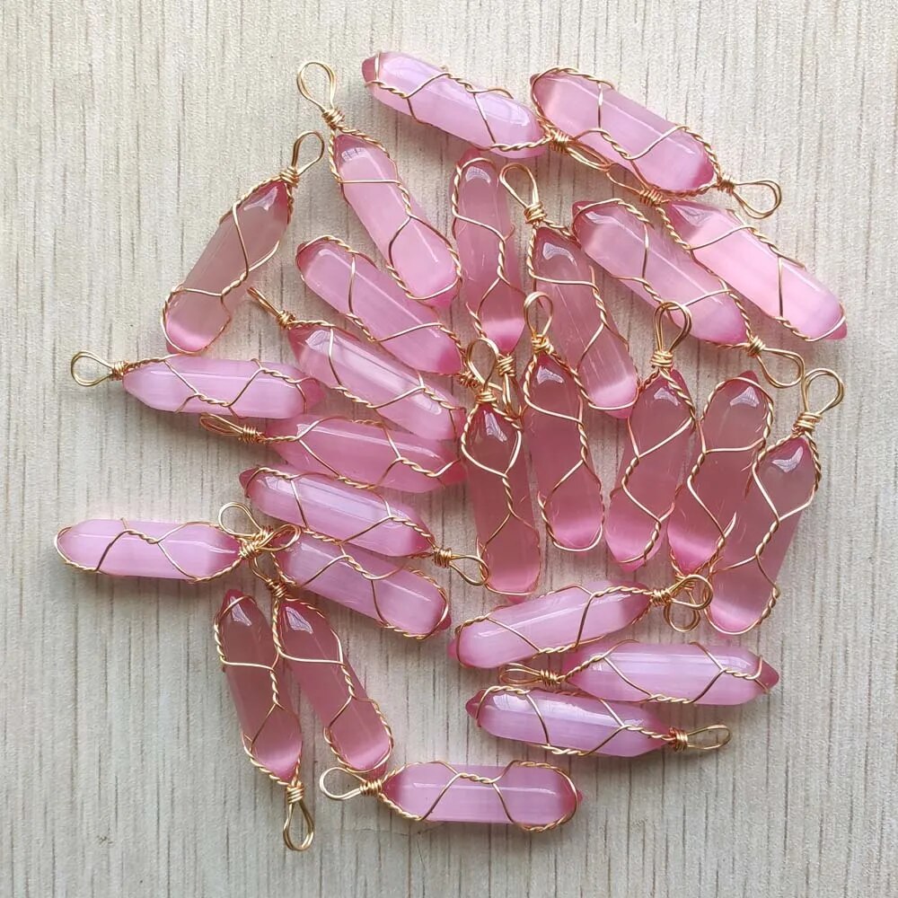 24pcs/lot cat eye stone pink handmade gold color wire pillar pendants for jewelry making