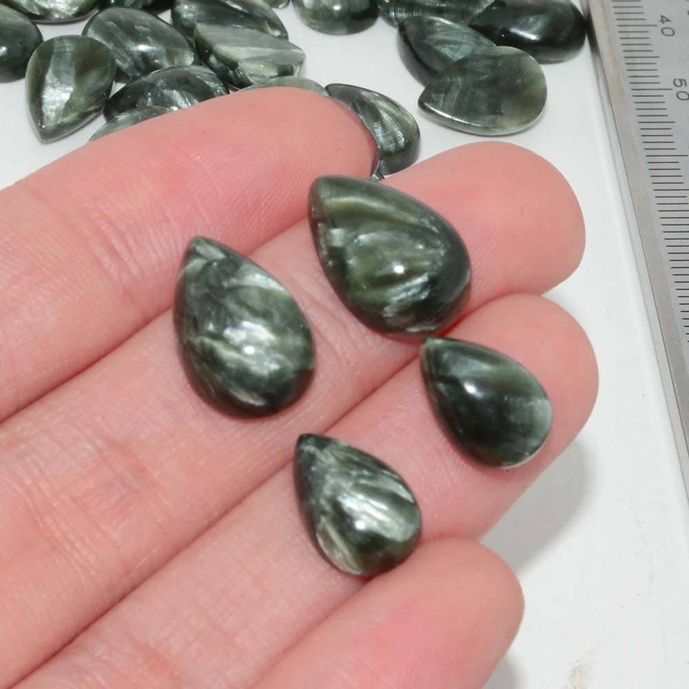 Natural Seraphinite / Clinochlore Water Droplet Cabochon 8x12mm / 10x14mm , 2 Pieces / Lot