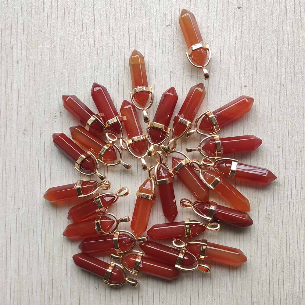 24pcs natural red agates point pillar gold color alloy pendants for women and men jewelry making