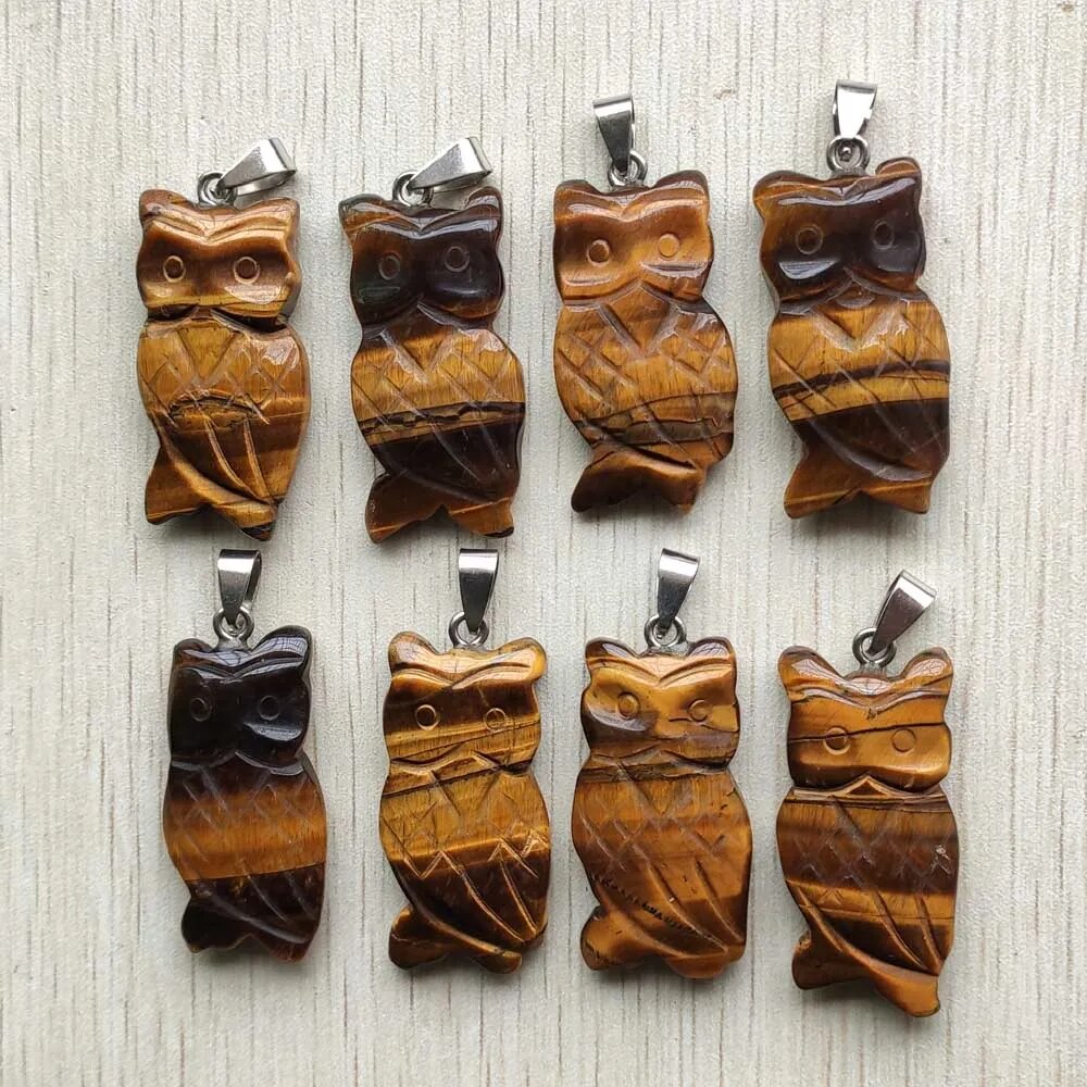 8pcs/lot natural tiger eye stone carved owl pendants for jewelry accessories making wholesale