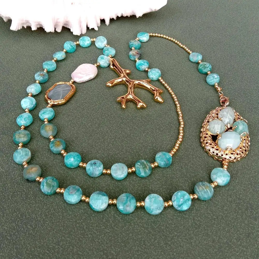 Natural Gemstone Long Necklace Green Amazonite White Keshi Pearl Resin Charm