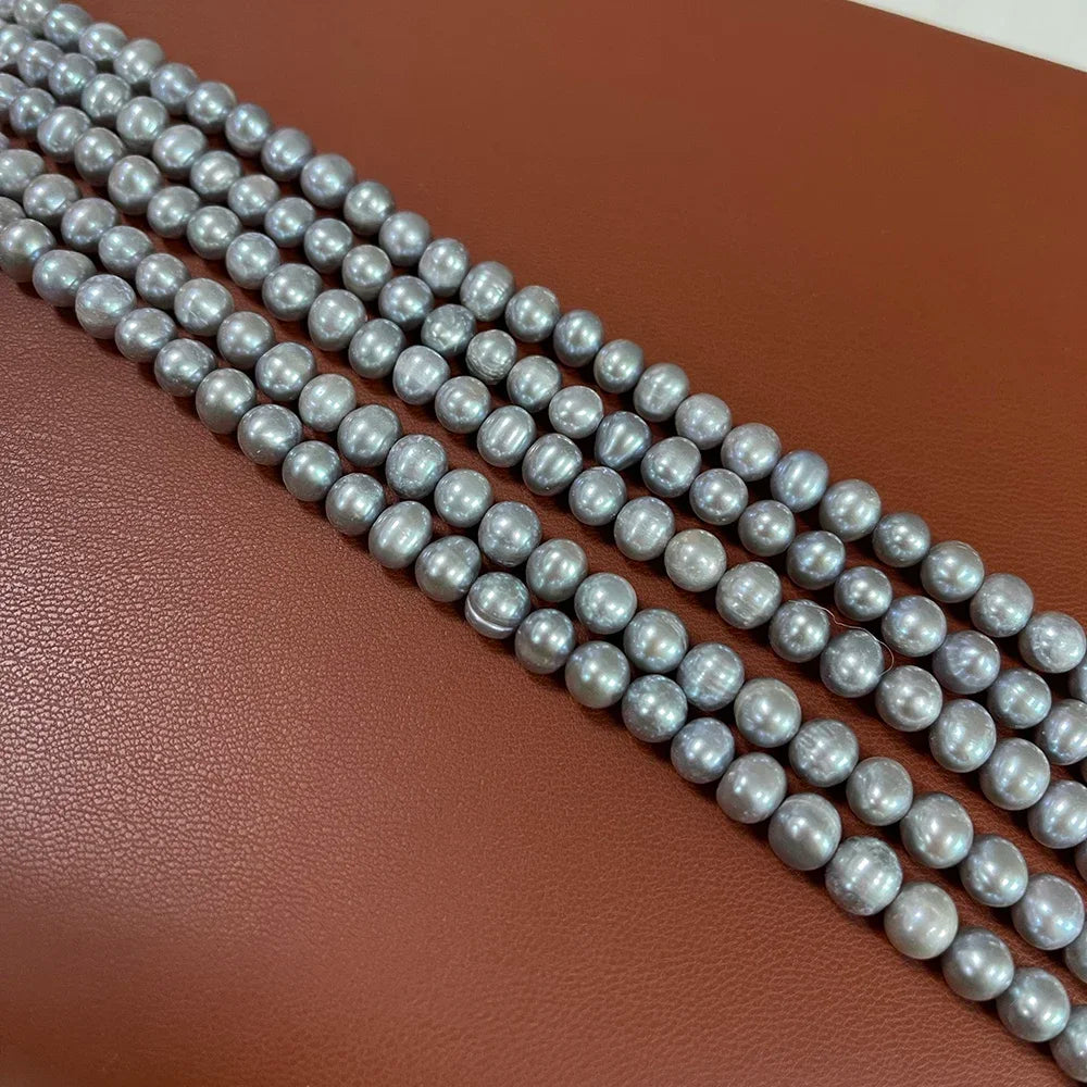 7-8mm Natural Freshwater Pearl Threaded Grey Oval Loose Bead pearls Strand