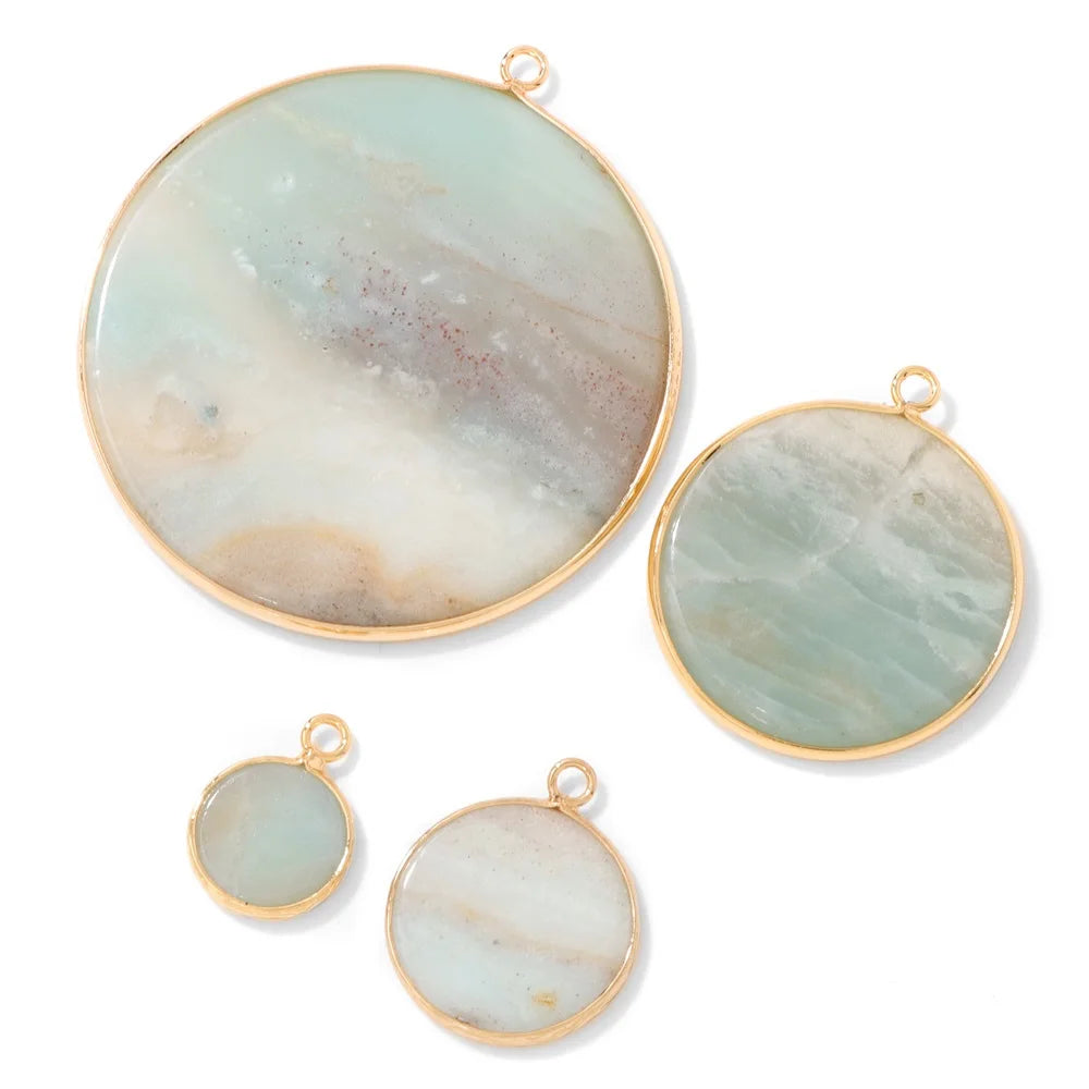 Amazonite Disk Round Flat Stone Reiki Healing Pendant Charm 18K Gold Plated