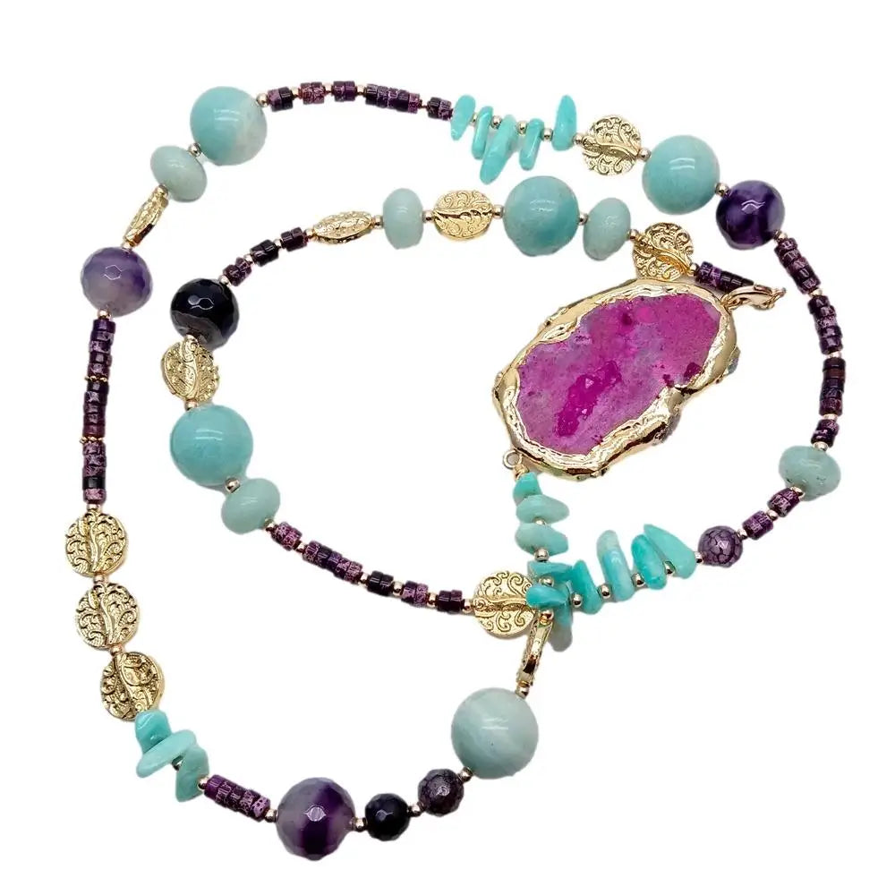 Amazontie Sea Sediment Jasper Agate Slice Long Necklace Gemstone Nekclace