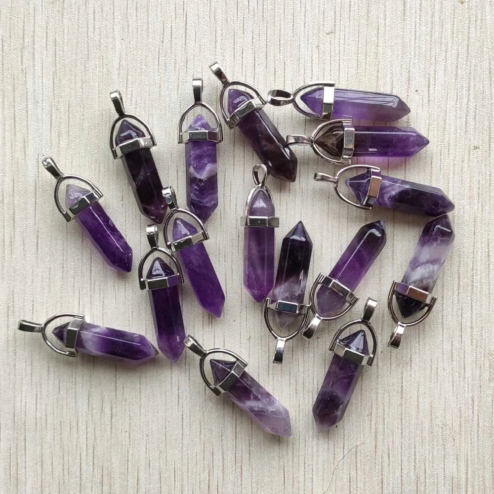 24pcs Amethyst Natural stone Hexagonal pillar healing Reiki Point Pendulum pendants for jewelry making