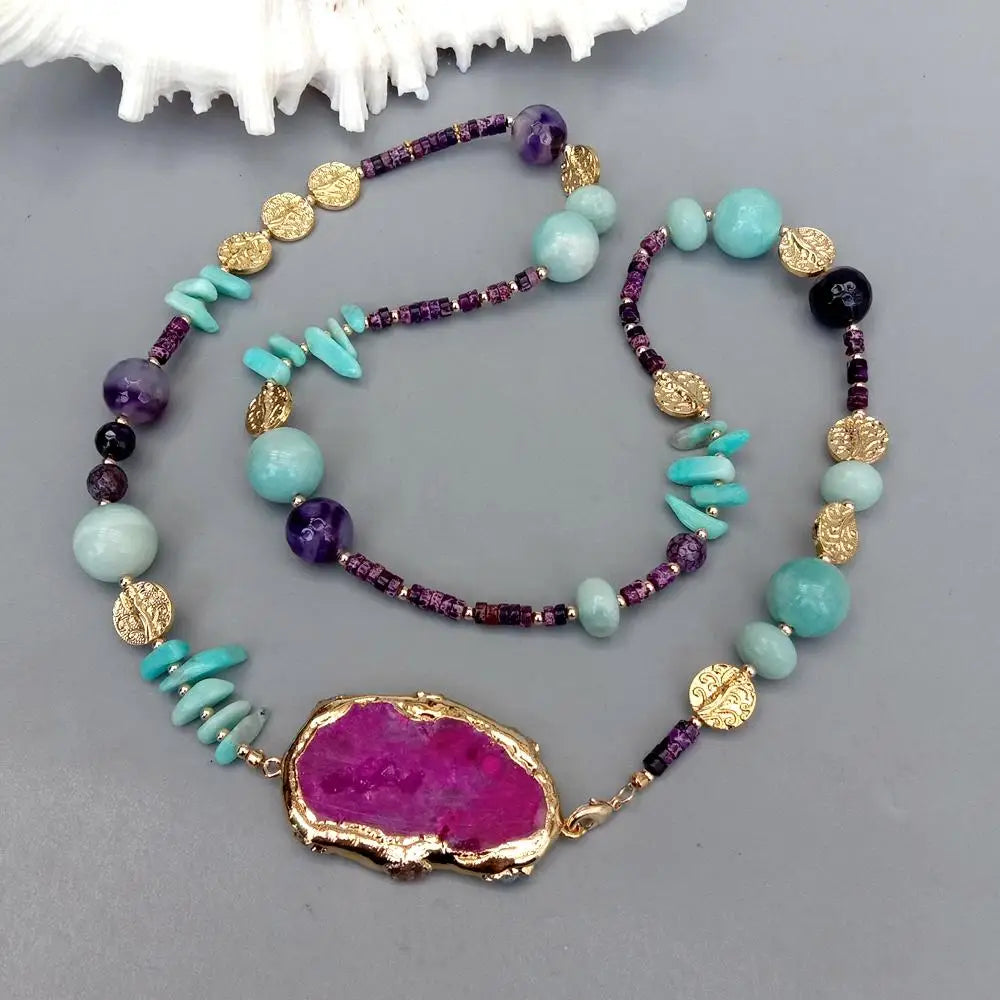 Amazontie Sea Sediment Jasper Agate Slice Long Necklace Gemstone Nekclace