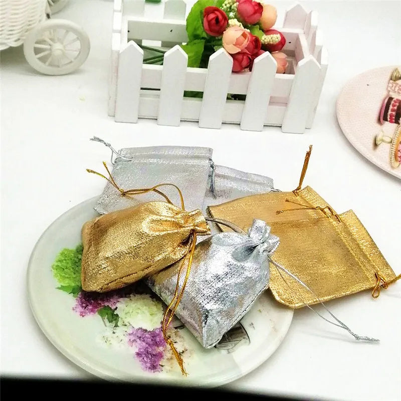 50PCS Silver/Gold Color Shining Metallic Foil Organza bag jewelry bags pouch Wedding/party Drawstring pouch