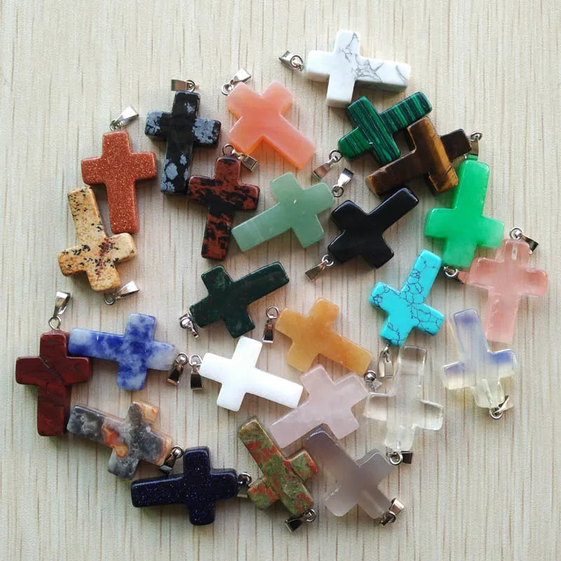 50pcs/lot Natural stone mixed color assort  cross pendants Charms fit Necklaces jewelry making