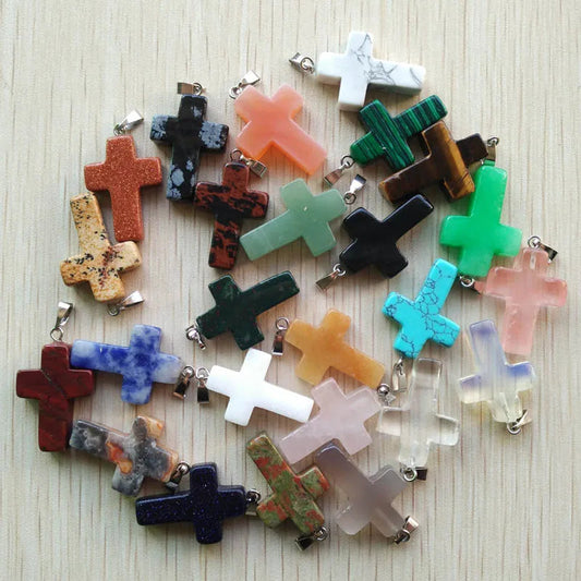50pcs/lot Natural stone mixed color assort  cross pendants Charms fit Necklaces jewelry making