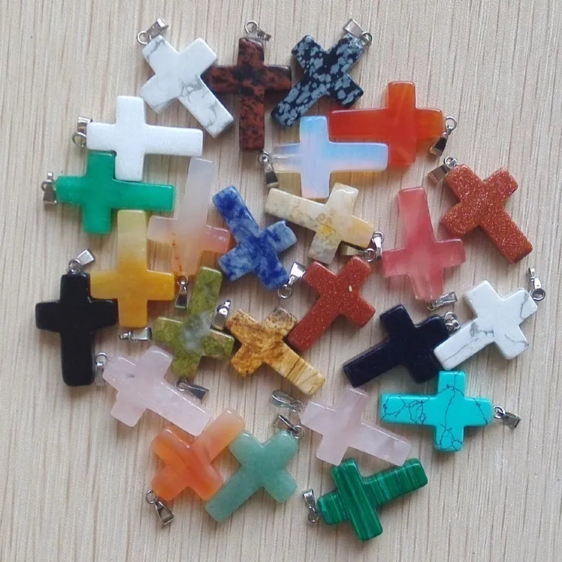 50pcs/lot Natural stone mixed color assort  cross pendants Charms fit Necklaces jewelry making