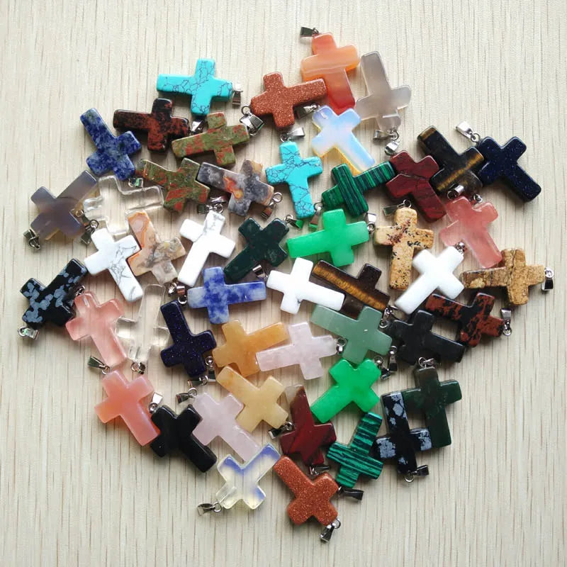 50pcs/lot Natural stone mixed color assort  cross pendants Charms fit Necklaces jewelry making