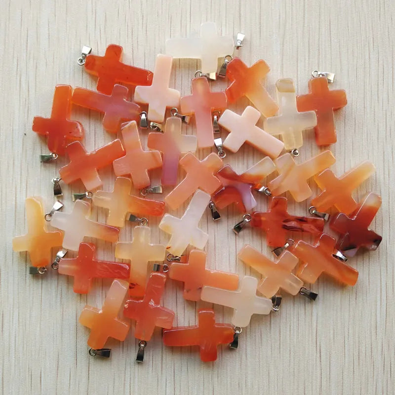 50pcs/lot Natural stone mixed color assort  cross pendants Charms fit Necklaces jewelry making
