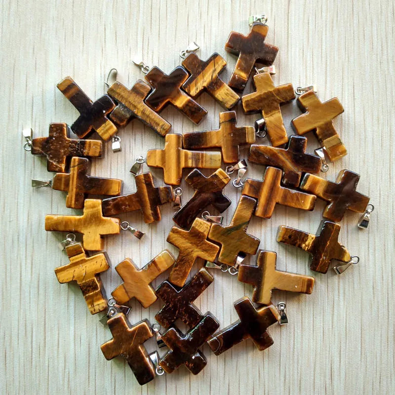 50pcs/lot Natural stone mixed color assort  cross pendants Charms fit Necklaces jewelry making