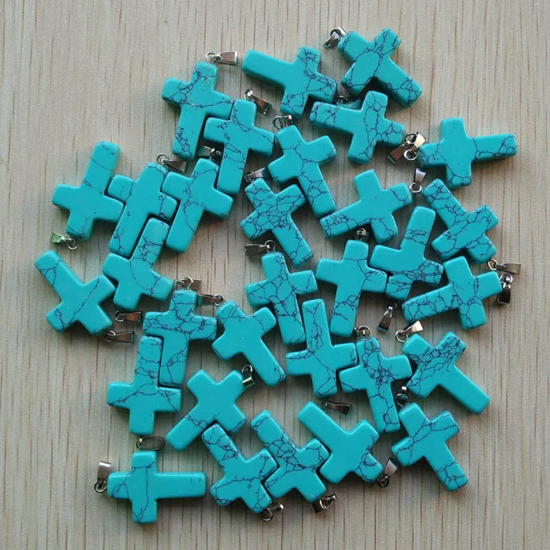 50pcs/lot Natural stone mixed color assort  cross pendants Charms fit Necklaces jewelry making