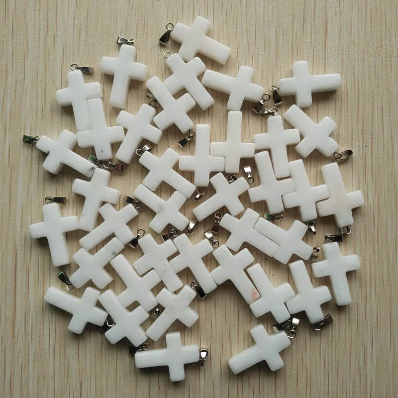 50pcs/lot Natural stone mixed color assort  cross pendants Charms fit Necklaces jewelry making