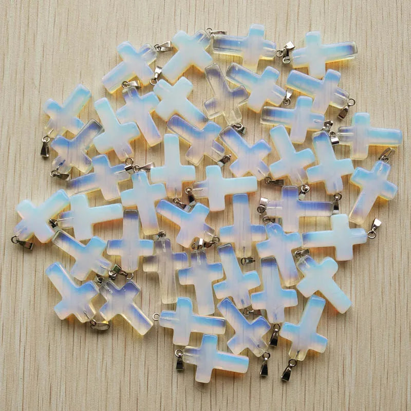 50pcs/lot Natural stone mixed color assort  cross pendants Charms fit Necklaces jewelry making