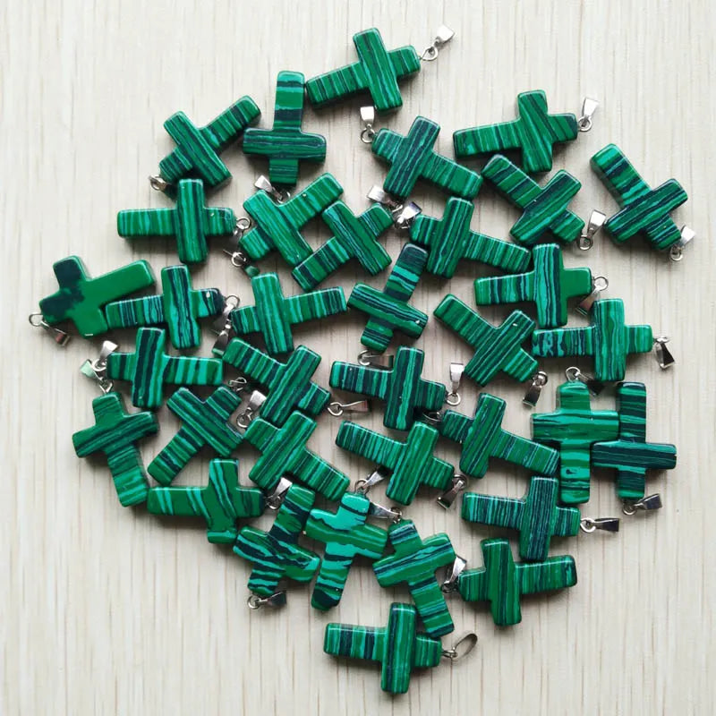 50pcs/lot Natural stone mixed color assort  cross pendants Charms fit Necklaces jewelry making