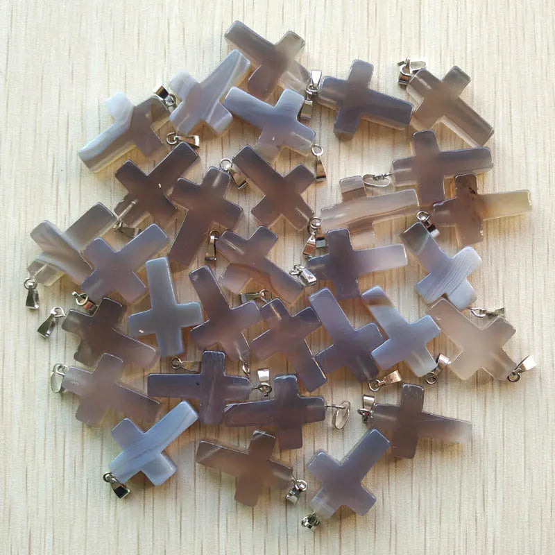50pcs/lot Natural stone mixed color assort  cross pendants Charms fit Necklaces jewelry making