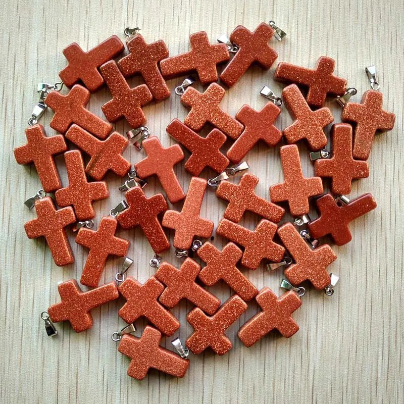 50pcs/lot Natural stone mixed color assort  cross pendants Charms fit Necklaces jewelry making