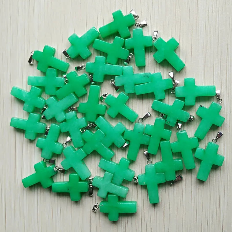 50pcs/lot Natural stone mixed color assort  cross pendants Charms fit Necklaces jewelry making