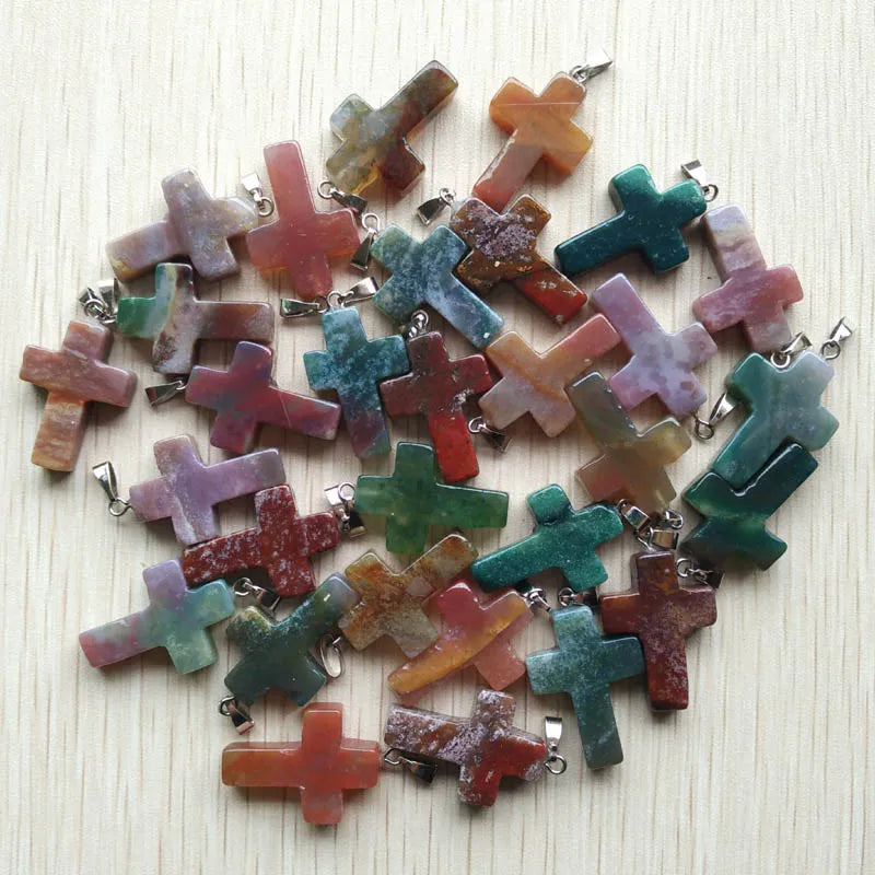 50pcs/lot Natural stone mixed color assort  cross pendants Charms fit Necklaces jewelry making