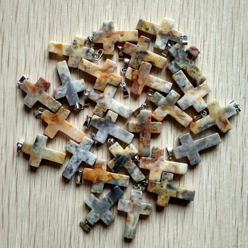 50pcs/lot Natural stone mixed color assort  cross pendants Charms fit Necklaces jewelry making