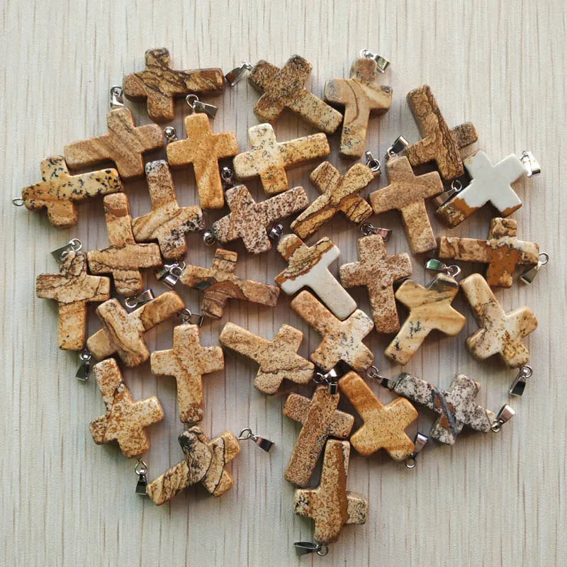 50pcs/lot Natural stone mixed color assort  cross pendants Charms fit Necklaces jewelry making
