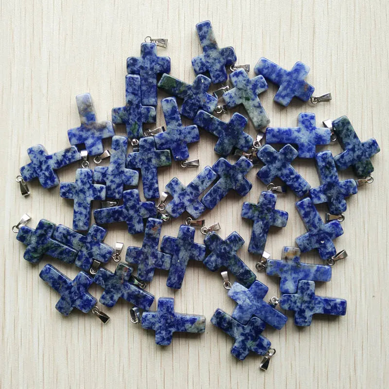 50pcs/lot Natural stone mixed color assort  cross pendants Charms fit Necklaces jewelry making