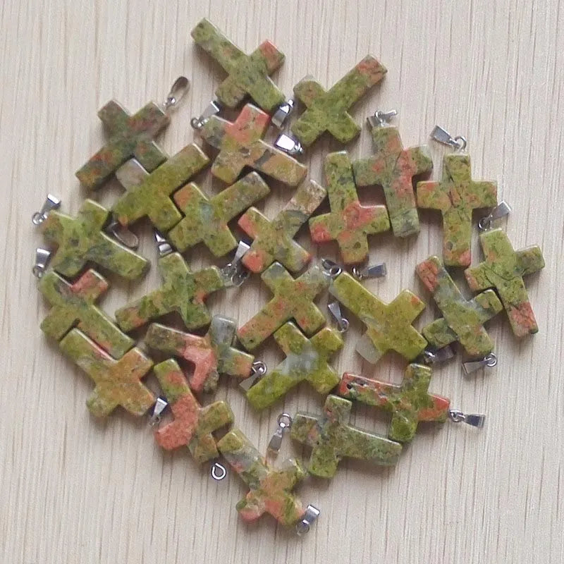 50pcs/lot Natural stone mixed color assort  cross pendants Charms fit Necklaces jewelry making
