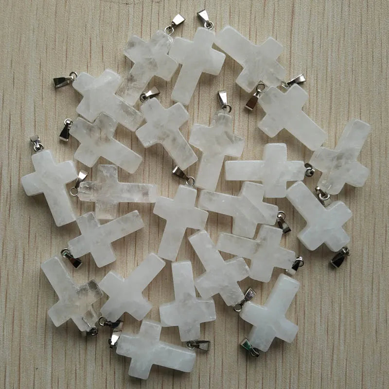 50pcs/lot Natural stone mixed color assort  cross pendants Charms fit Necklaces jewelry making